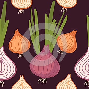 Seamless pattern of bulb red onion and garlic with green stem spicy edible root vector illustration on dark background