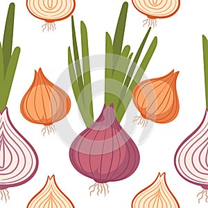 Seamless pattern of bulb red onion and garlic with green stem spicy edible root vector illustration on white background