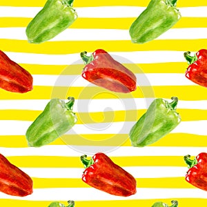 Seamless pattern with Bulgarian pepper. Watercolor bell papper on stripe background.