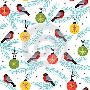 Seamless pattern with bullfinch on a spruce branch