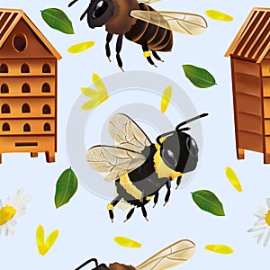 Seamless pattern with Bumble bee, beehive, honey bee, leaf, flower. Seamless pattern for your design. 3d Vector