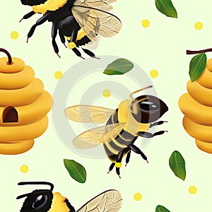 Seamless pattern with Bumble bee, beehive, honey bee, leaf. Pattern with insect for your design. 3d Vector illustration