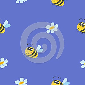 Seamless pattern with bumblebee, and chamomile flowers. Blue background. Yellow, grey, blue and pink. Cartoon style. Cute and