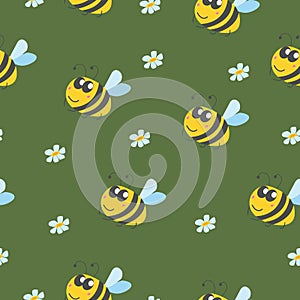 Seamless pattern with bumblebee, and chamomile flowers. Green background. Yellow, grey, blue and pink. Cartoon style. Cute and