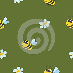Seamless pattern with bumblebee, and chamomile flowers. Green background. Yellow, grey, blue and pink. Cartoon style. Cute and