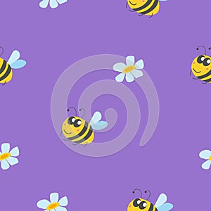 Seamless pattern with bumblebee, and chamomile flowers. Violet background. Yellow, grey, blue and pink. Cartoon style. Cute and