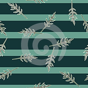 Seamless pattern bunch arugula salad on stripes teal background. Modern ornament with lettuce