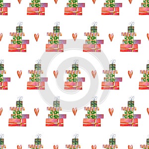 Seamless pattern with bunch of gifts and hearts. Watercolor bright background for wrapping paper, textile, kids wallpaper