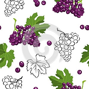 Seamless pattern with bunches of dark grapes, green leaves and black-white outline on white background.