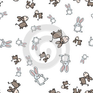 Seamless pattern of bunnies and donkeys in cartoon style