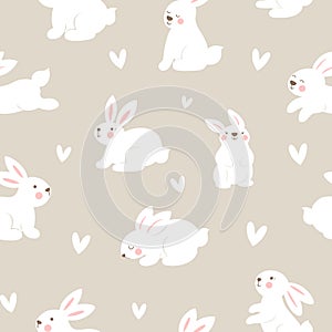 Seamless pattern with bunnies and hearts on grey background. Easter vector print