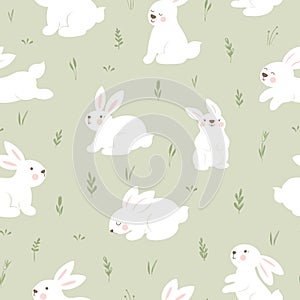 Seamless pattern with bunnies and plants on green background. Easter vector print