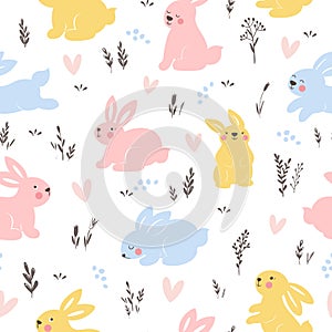 Seamless pattern with bunnies and plants in spring colors. Easter vector background