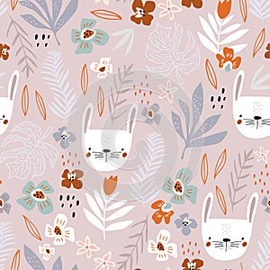 Seamless pattern with bunny faces and floral elements. Creative childish texture. Great for fabric, textile Vector Illustration