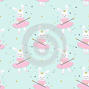Seamless  pattern with bunny girl ballerina. Kids print. Vector