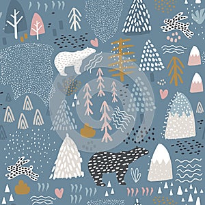 Seamless pattern with bunny,polar bear, forest elements and hand drawn shapes. Childish texture. Great for fabric, textile Vector