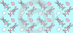 Seamless pattern, bunny, rabbit illustration, colored outline
