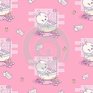 Seamless pattern with bunny rests in bubble bath in bathroom on pink background with rubber ducks. Cute funny kawaii