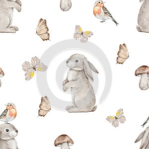 Seamless pattern with bunny, Robin redbreast bird, butterfly and boletus. Woodland animals background. Endless Hand