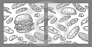 Seamless pattern burger include cutlet, tomato, cucumber and salad.