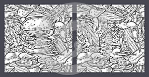 Seamless pattern burger include cutlet, tomato, cucumber and salad.