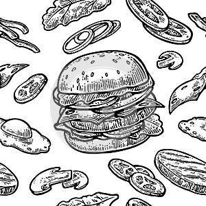 Seamless pattern burger include cutlet, tomato, cucumber and salad.