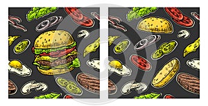 Seamless pattern burger and ingredients include cutlet, tomato, cucumber and salad