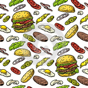 Seamless pattern burger and ingredients include cutlet, tomato, cucumber and salad