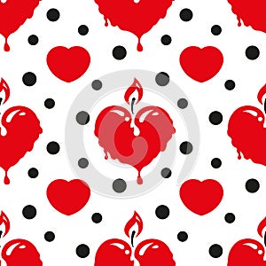 Seamless pattern with a burning candle in the shape of a red heart and black circles on a white background. Vector