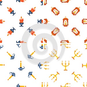 Seamless pattern with burning candles, candle holders, lanterns, and candelabras illuminating the white background photo
