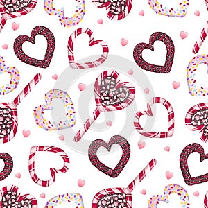 seamless pattern with butter cookies and striped lollipop in the form of hearts