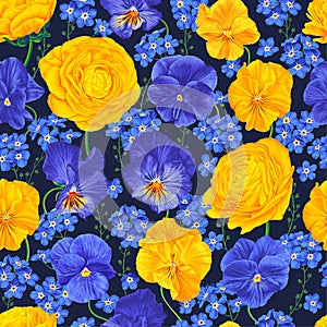 Seamless pattern with Buttercups Ranunculus, Pansies Viola and Forget-me-nots.