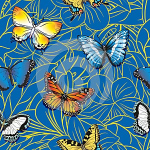 Seamless pattern with butterflies on an abstract floral blue background.