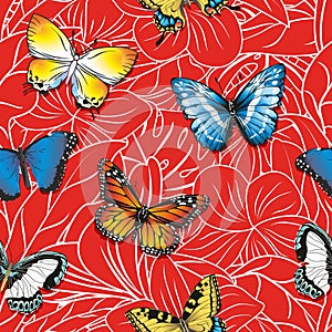 Seamless pattern with butterflies on an abstract floral red background.
