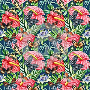 Seamless pattern with butterflies, anthurium flowers, floral background. Vintage watercolor style. Flora design.