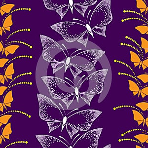 Seamless pattern with butterflies and dots on a violet background