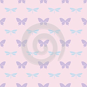 Seamless pattern with butterflies and dragonflies.