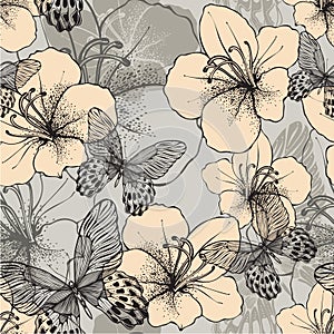 Seamless pattern with butterflies and flowering hibiscus. Vector