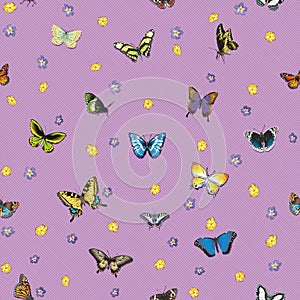 Seamless pattern with butterflies and flowers on a striped lilac background.