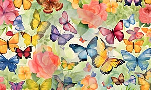 Seamless pattern with butterflies and flowers. Watercolor illustration