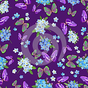 Seamless pattern with butterflies and forget-me-nots on a dark purple background
