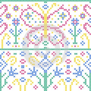 Seamless pattern with butterflies, hearts and flowers. Cross stitch style.