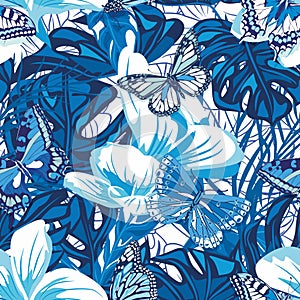 Seamless pattern with butterflies and tropical flowers in blue and white colors.