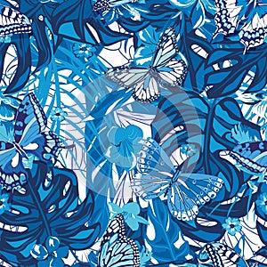 Seamless pattern with butterflies and tropical flowers in blue and white colors.