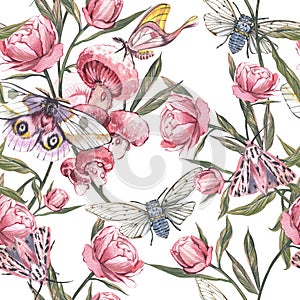 Seamless pattern butterfly, cicada, peony isolated on white background. Watercolor hand drawing illustration. Art design