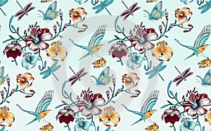 Seamless pattern with butterfly parrot allover design withe background