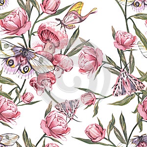 Seamless pattern butterfly, peony flower isolated on white background. Watercolor hand draw illustration. Art for design