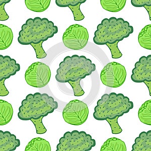 Seamless pattern with cabbage and broccoli. Vector illustration with hand drawn healthy vegetable mix. Perfect for packaging, wrap