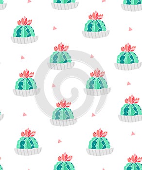 Seamless pattern with cacti in a flowerpots and pink triangles on white background. Ornament for textile and wrapping. Vector