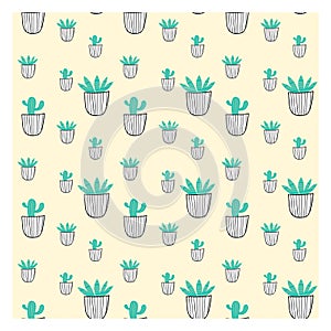 Seamless pattern of cactus and aloes in pots.